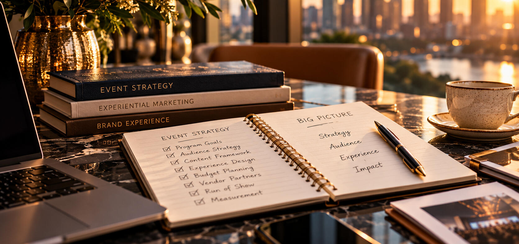 Open event strategy notebook with planning notes, a pen, and marketing books arranged on a desk.