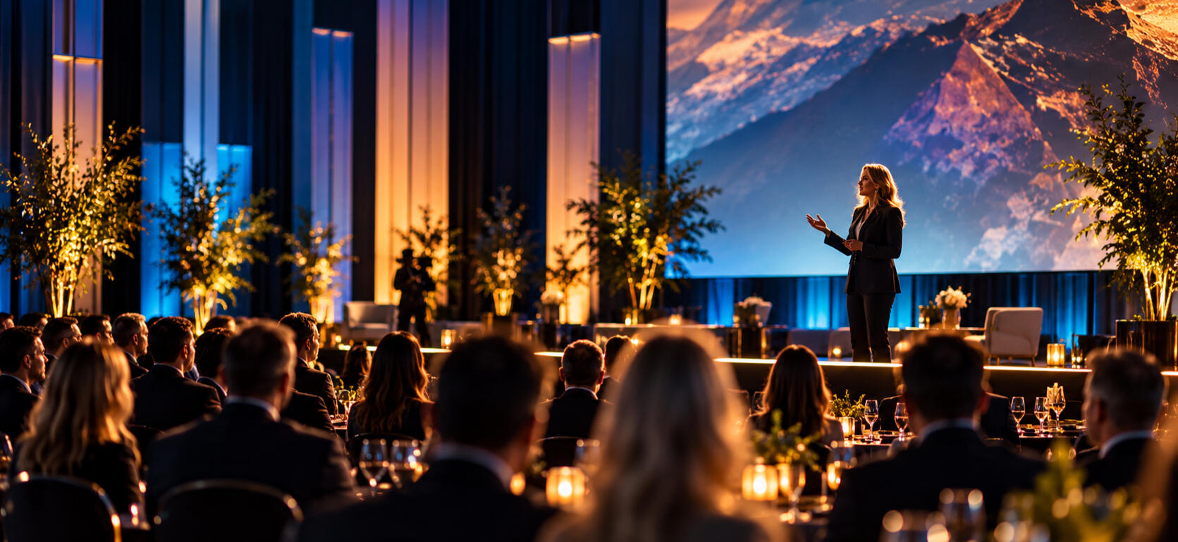 Executive & Customer Experiences | Corporate Events Speaker presenting onstage to a seated audience at an executive event with dramatic blue and amber lighting.