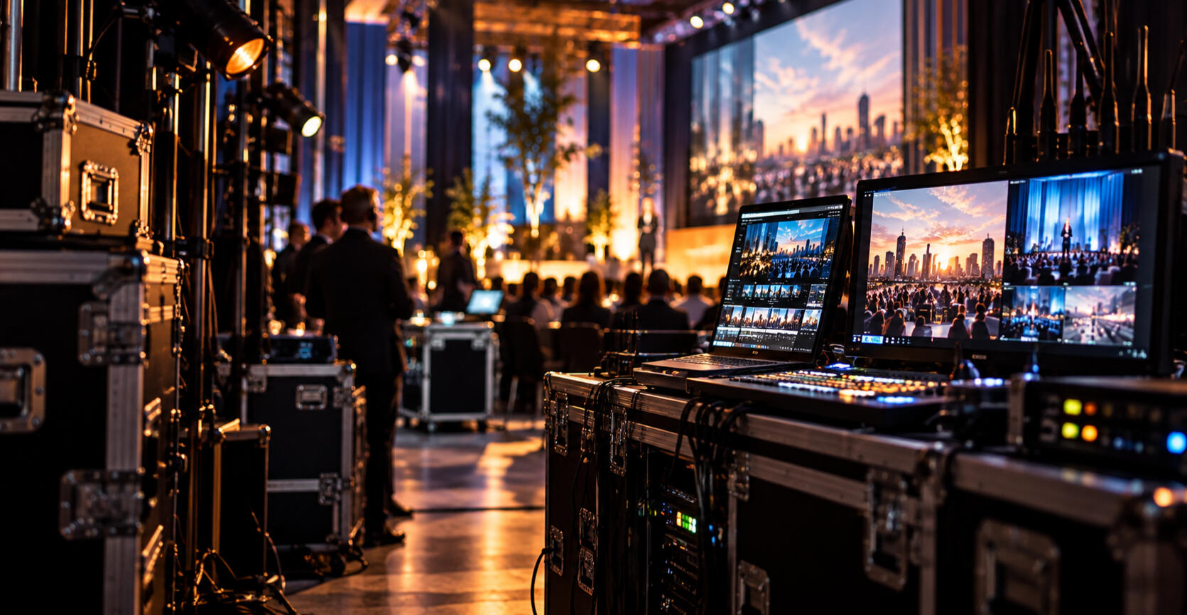 Behind-the-scenes view of a live corporate event featuring production equipment, video monitors, stage lighting, and an audience.